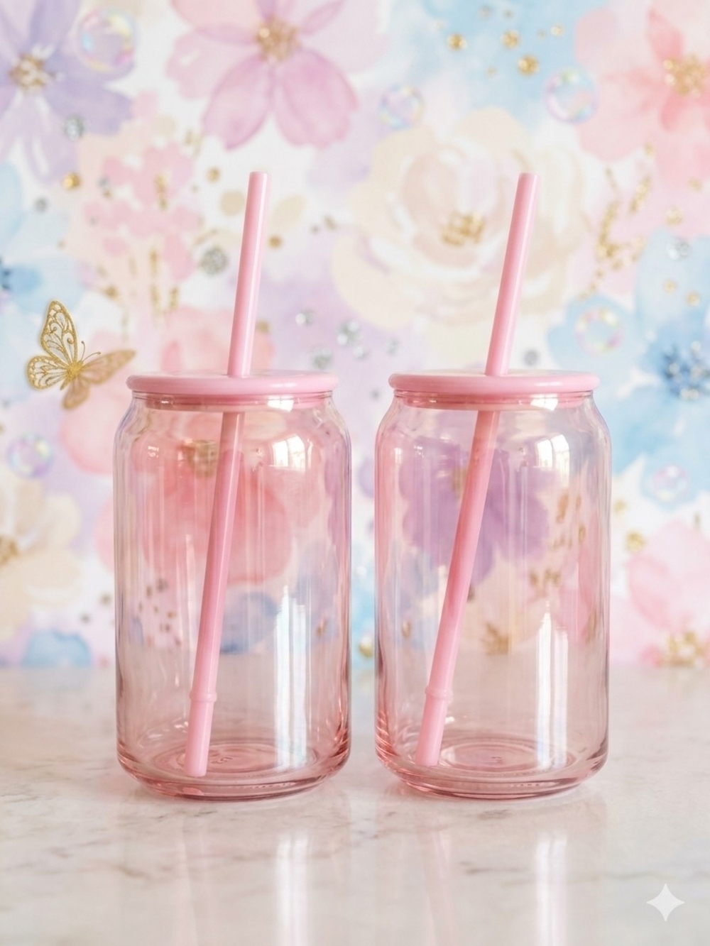 Pink Glass Beverage Jars with Straw - Set of 2